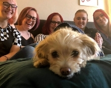 Dog with five people laughing in background