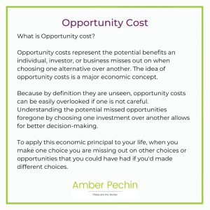 What is Opportunity cost? Opportunity costs represent the potential benefits an individual, investor, or business misses out on when choosing one alternative over another. The idea of opportunity costs is a major economic concept. Because by definition they are unseen, opportunity costs can be easily overlooked if one is not careful. Understanding the potential missed opportunities foregone by choosing one investment over another allows for better decision-making. To apply this economic principal to your life, when you make one choice you are missing out on other choices or opportunities that you could have had if you'd made different choices.